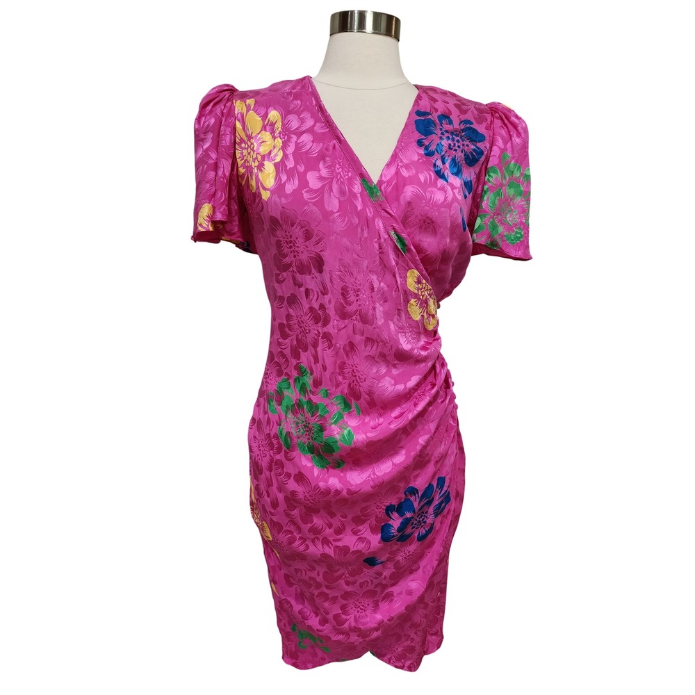 Vintage Flora Kung 100% Silk Jacquard True Wrap Dress Hawaiian Print 80s sz 4/6